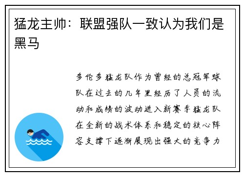 猛龙主帅：联盟强队一致认为我们是黑马