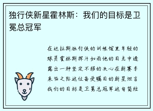 独行侠新星霍林斯：我们的目标是卫冕总冠军